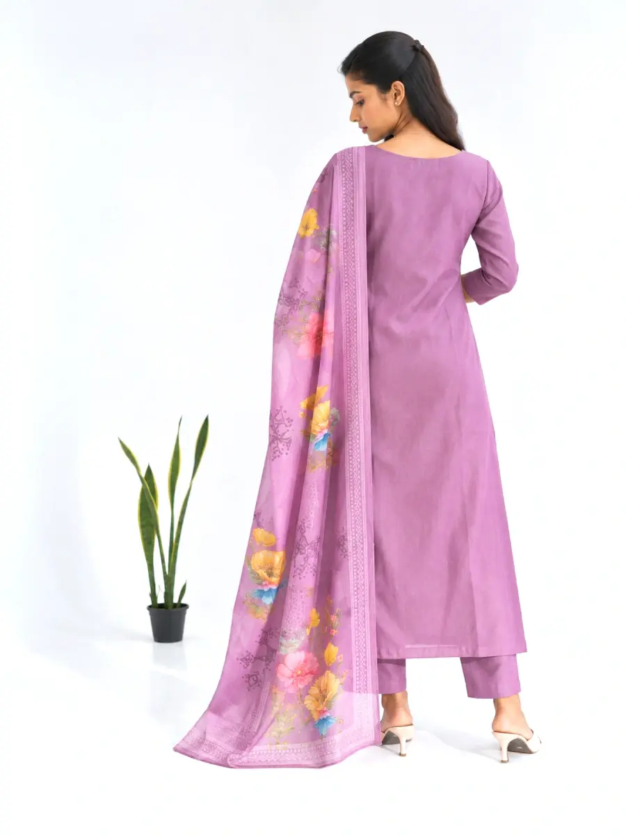 Thumbnail: Pastel Lilac 3 Piece Kurti Set with Floral Embroidery Designer back view