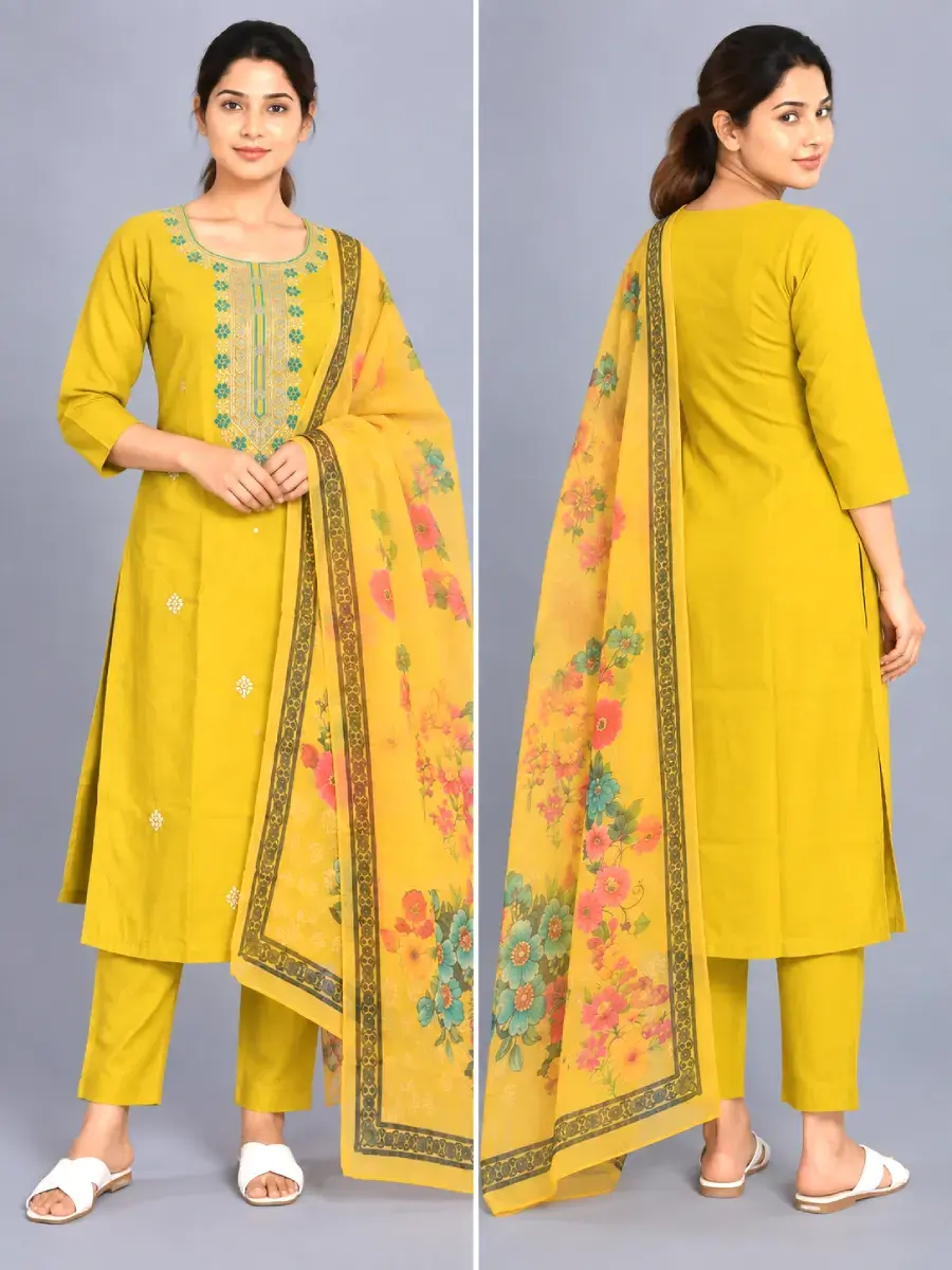 Thumbnail: Golden Yellow Embroidery Kurti Set with Designer Dupatta collage view
