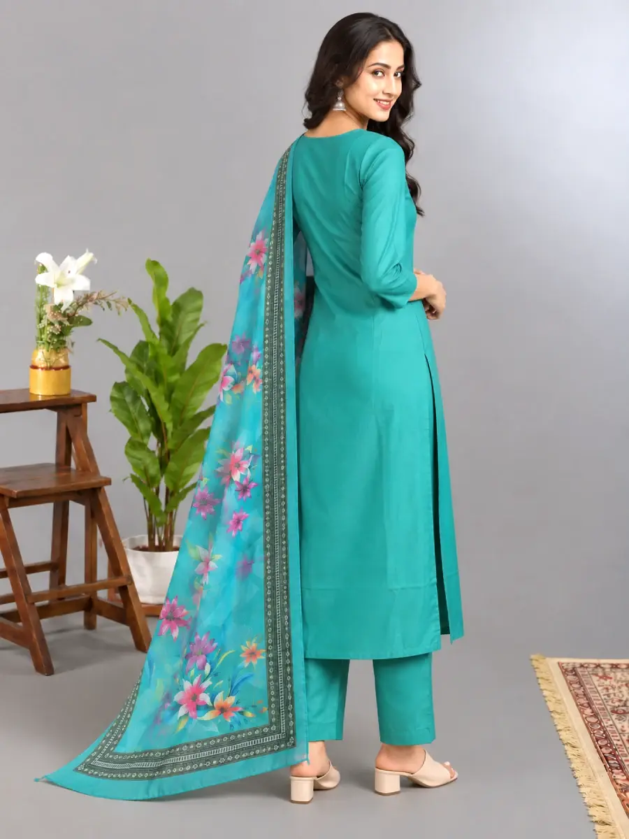 Thumbnail: Women Embroidered Roman Silk Turquoise 3 Piece Kurti Set with Dupatta side view