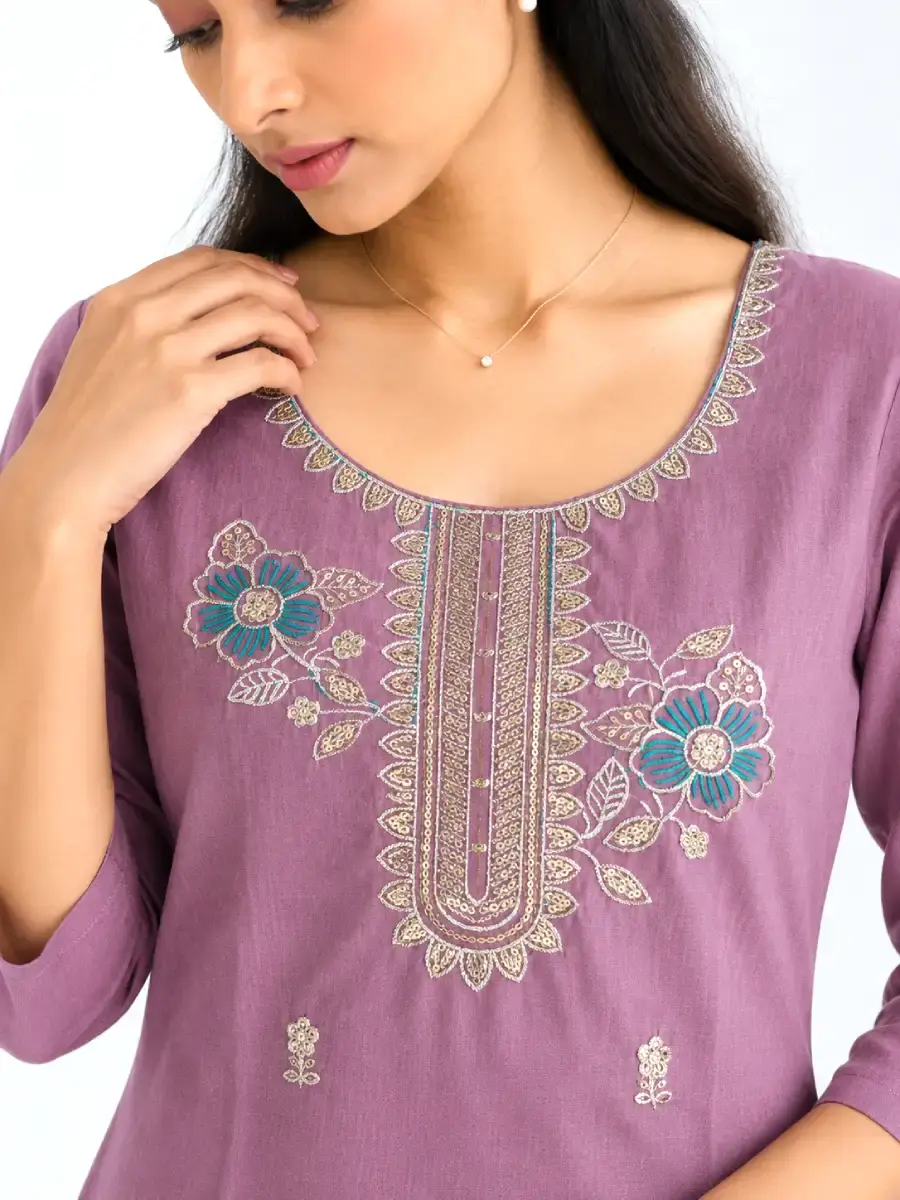 Pastel Lilac 3 Piece Kurti Set with Floral Embroidery Designer closer view
