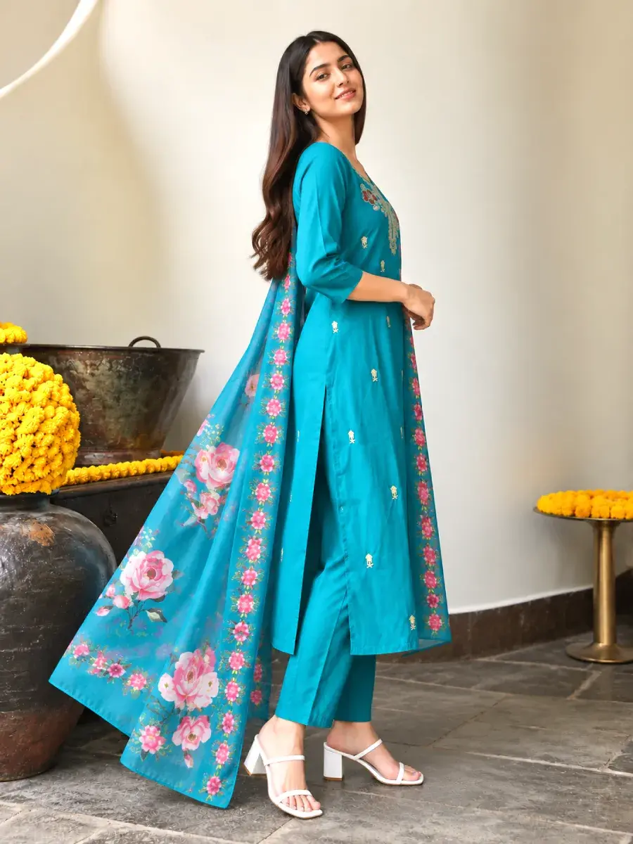 Thumbnail: Women's Aqua Blue Embroidery Kurti Set with Floral Dupatta side view