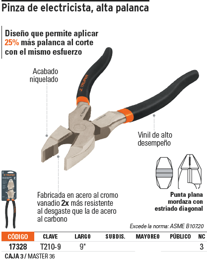 Pinza de electricista, alta palanca T210-9
