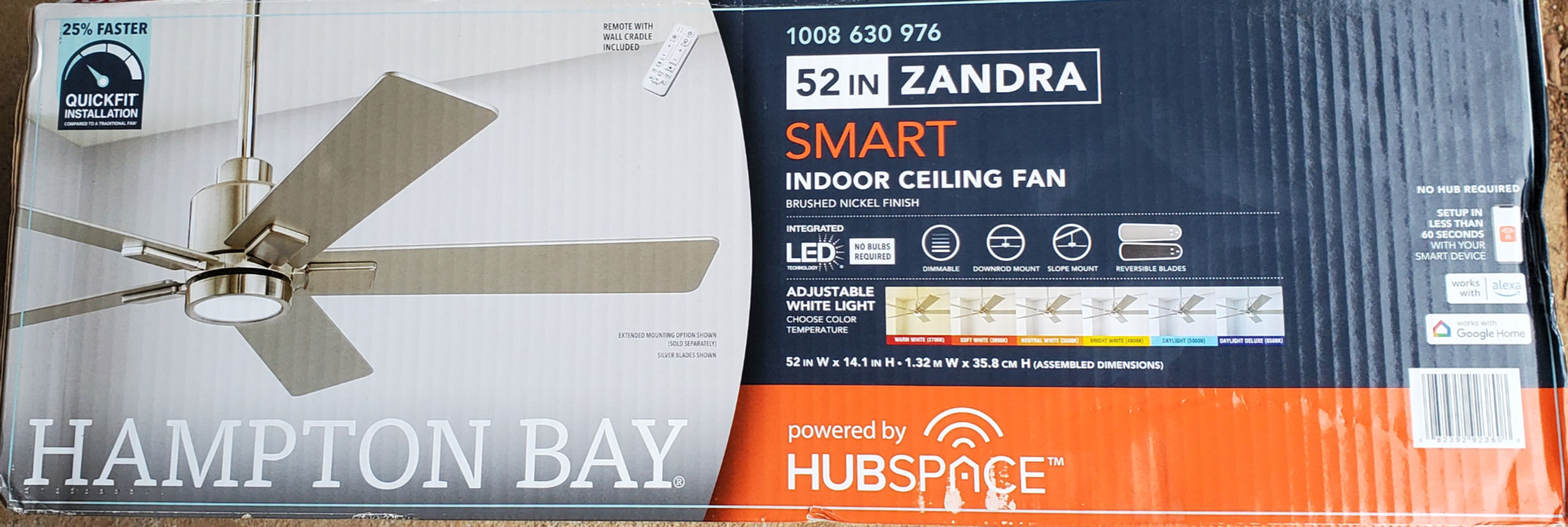 Hampton Bay Zandra 52" Brushed Nickel LED Ceiling Fan with Smart Hub 1008630976