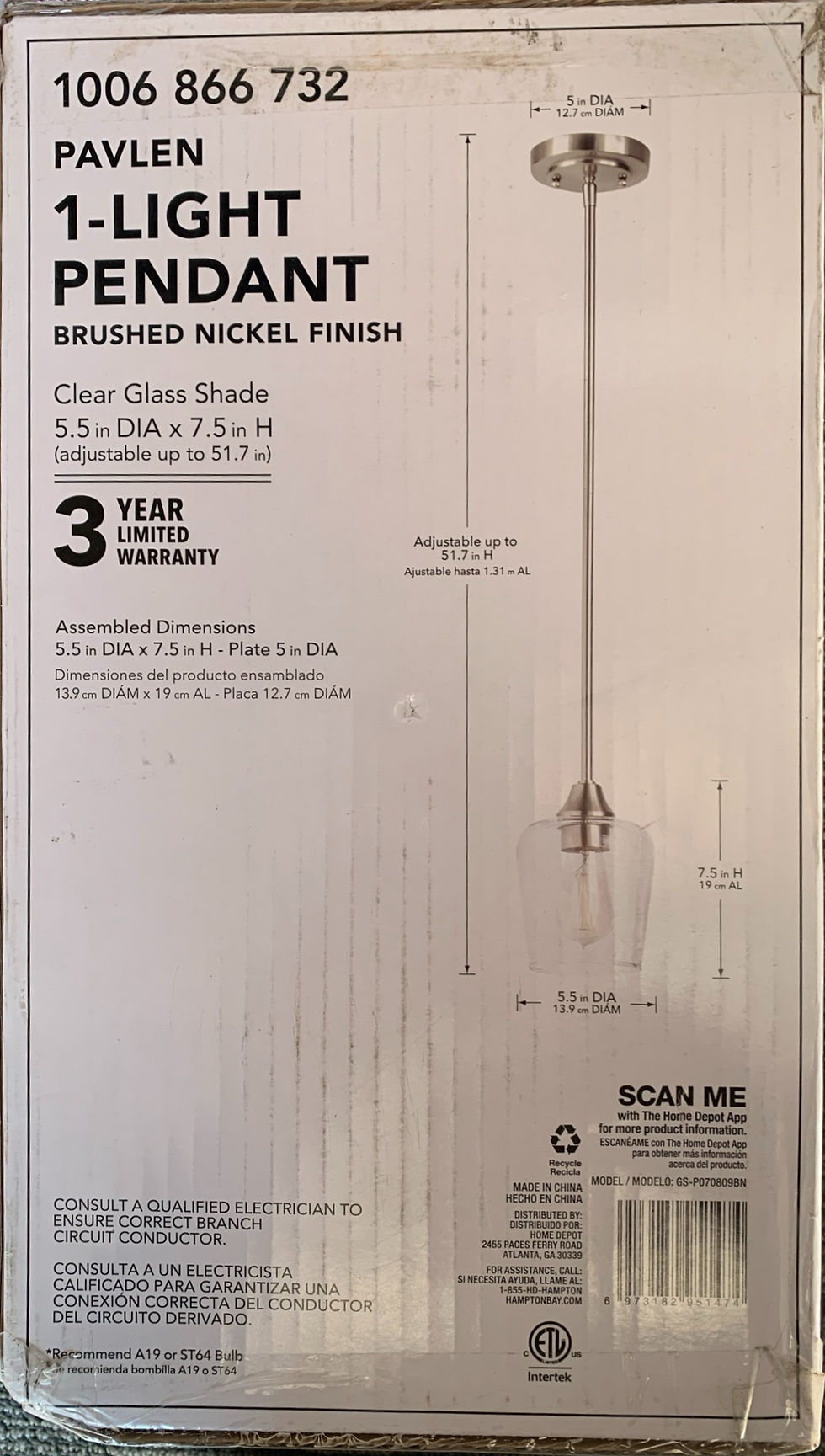 Thumbnail: Hampton Bay Pavlen 1-Light Brushed Nickel Mini Pendant 1006 866 732 Clear Glass