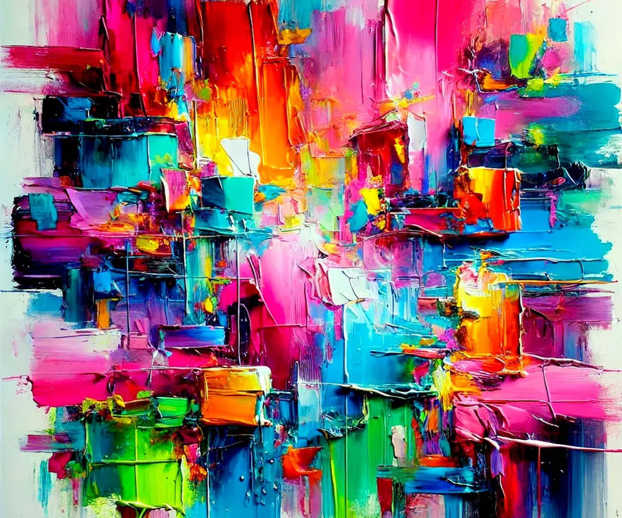 Abstrakte Farbkomposition in Pink, Blau, Orange und Grün, expressive Spachteltechnik, leuchtend und dynamisch