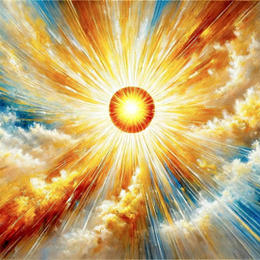 Bright sun with sprawling rays of light in a sky of blue, white and gold.