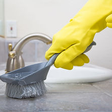Gloved hand srubbing a sink.