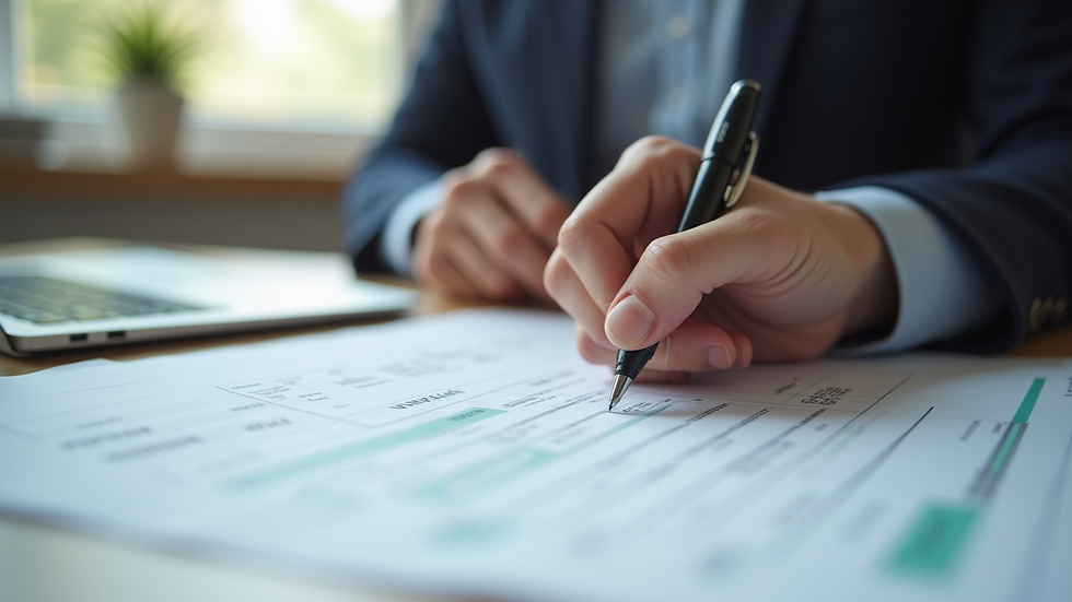 Close-up view of a person reviewing tax documents with a pen
