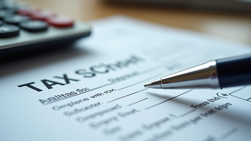Eye-level view of a tax form with a calculator and pen