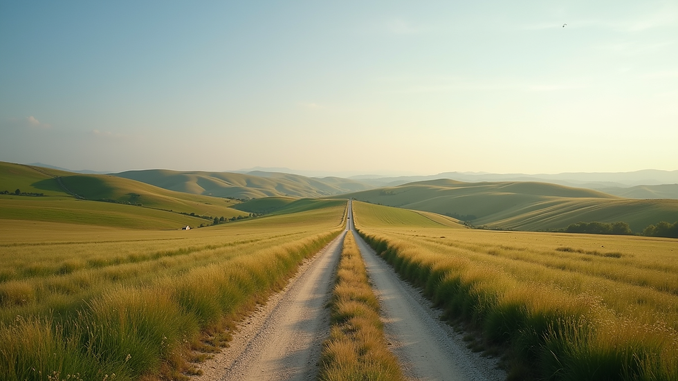Wide angle view of rural farmland with rolling hills and a dirt road