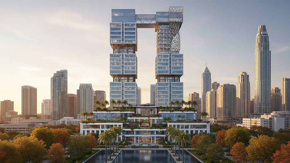 Eye-level view of a modern office building in a city skyline