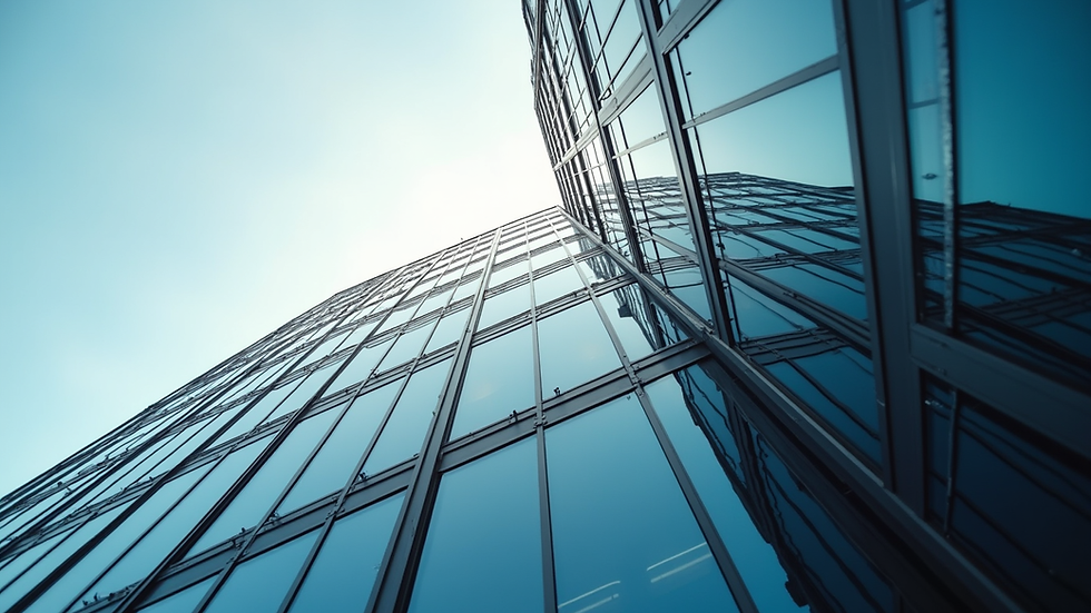 Eye-level view of a modern office building with reflective glass windows