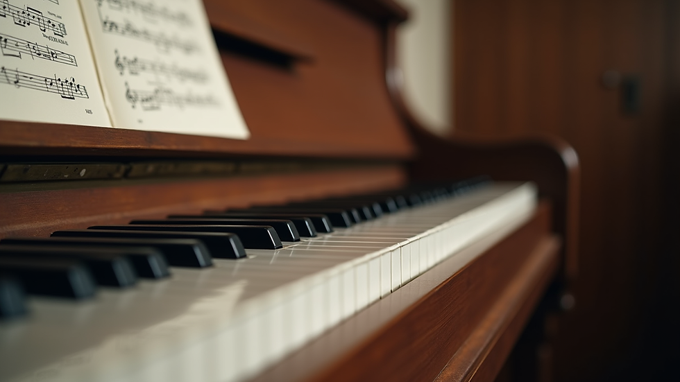 Close-up view of a piano keyboard with sheet music