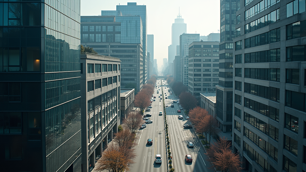 High angle view of a commercial district with office buildings and streets