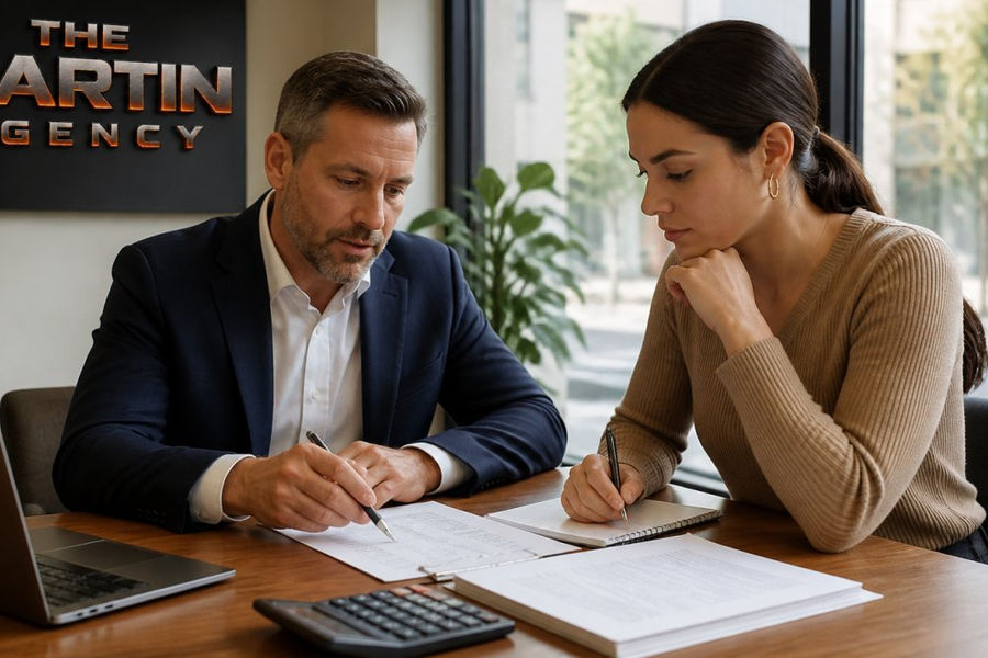 Real estate agent and business owner reviewing lease documents to compare triple net vs gross lease costs