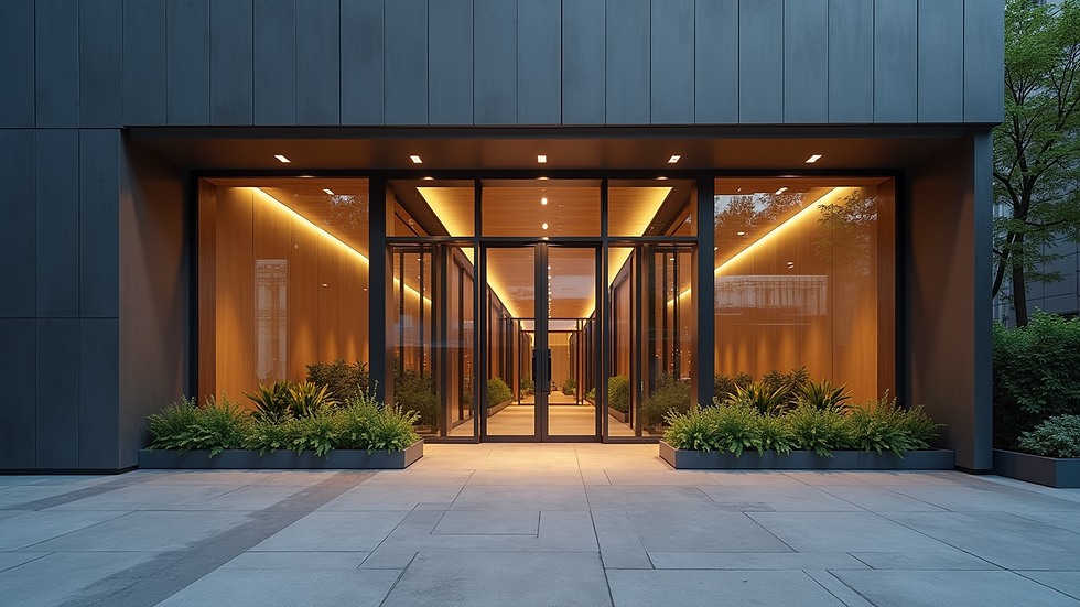 Close-up view of a commercial building’s entrance with modern design