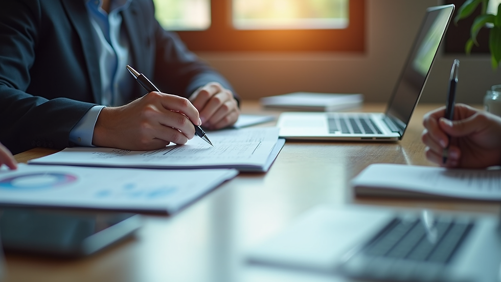 High angle view of a commercial real estate investment meeting with documents and laptops