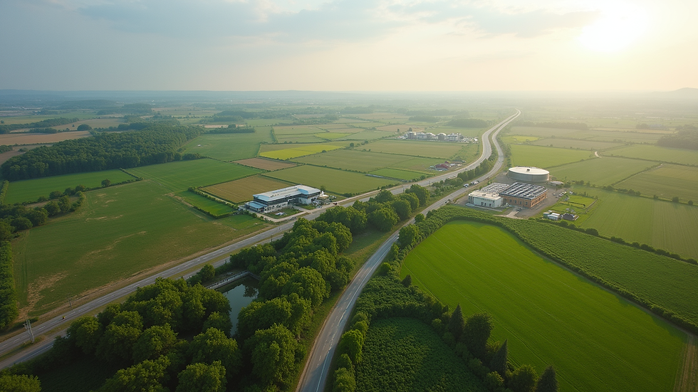 Eye-level view of a sprawling agricultural development with modern infrastructure