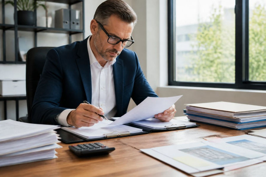 Professional real estate advisor reviewing intermediary documentation and compliance checklist at desk with calculator, property files, and contract papers visible in modern office setting