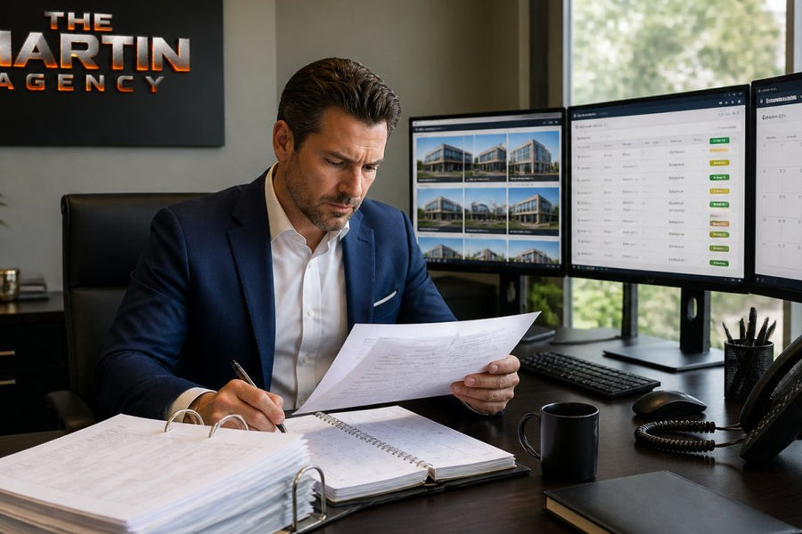 Commercial real estate professional reviewing lease documents and calendar reminders at a desk with multiple monitors displaying property portfolio data and lease expiration alerts