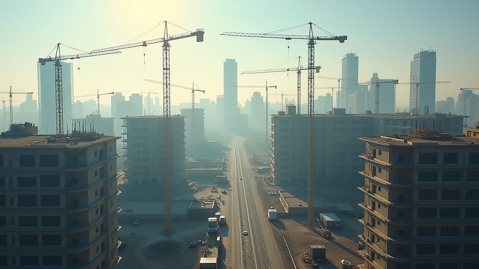 High angle view of a commercial real estate development site with cranes and construction