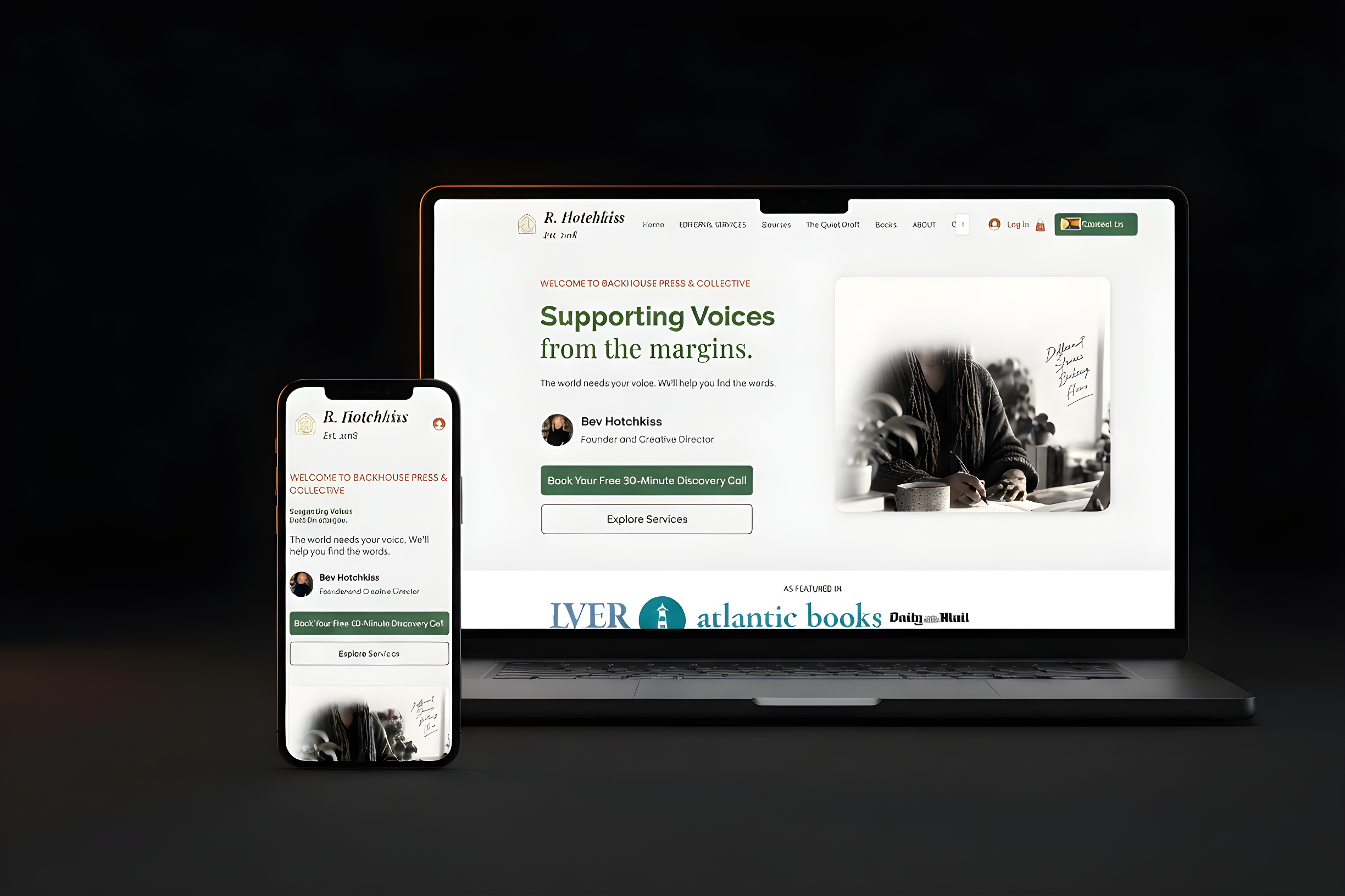 Backhouse Press Wix website on laptop and phone
