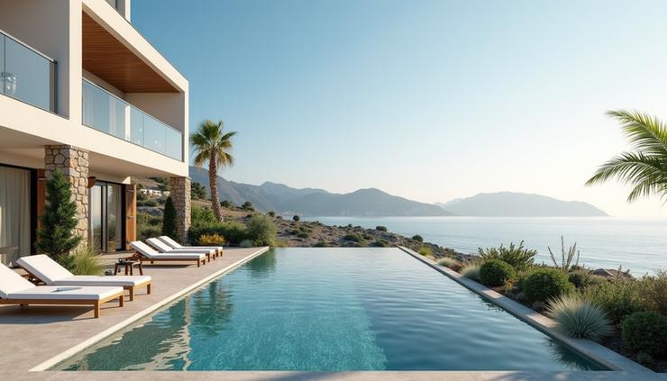 Eye-level view of luxury beachfront apartments in Cyprus with Mediterranean Sea in the background