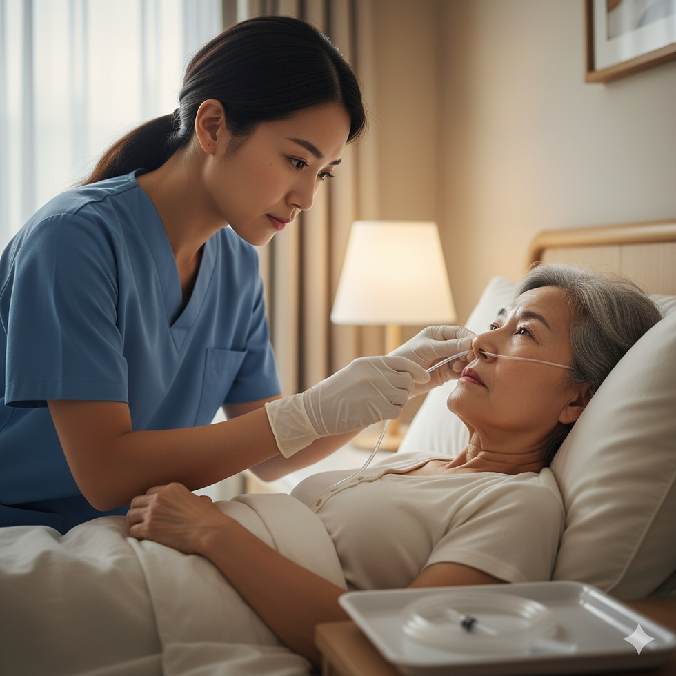Doctor performing Ryle's tube insertion during a home medical visit