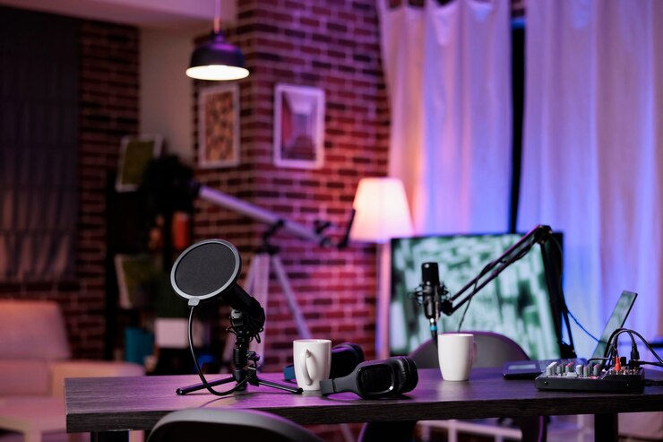 nobody-empty-desk-with-streaming-equipment-broadcast-live-conversation-social-media-no-peo