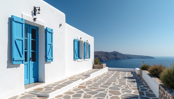 Eye-level view of a traditional Greek house with white walls and blue shutters