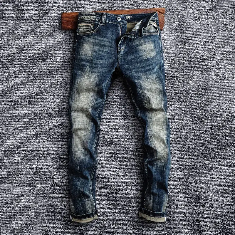 Miniatura: Men Black Blue Elastic Slim Fit Ripped Jeans Men Trousers Vintage Designer