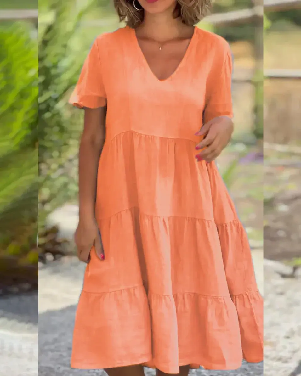 Miniatura: Cotton and Linen Casual Women's Dresses Sweet Short Sleeve Solid V-Neck Large