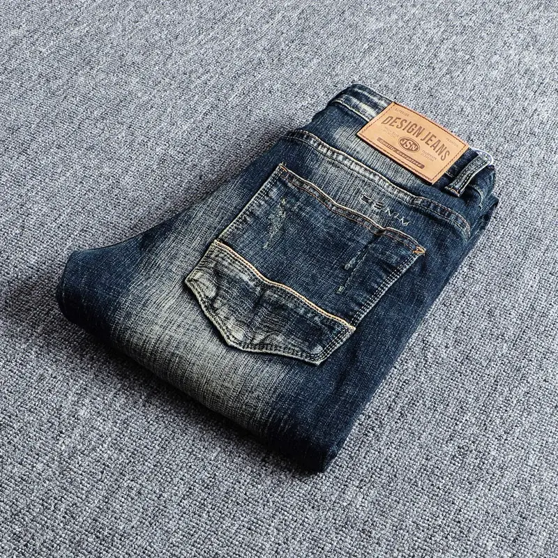 Miniatura: Men Black Blue Elastic Slim Fit Ripped Jeans Men Trousers Vintage Designer