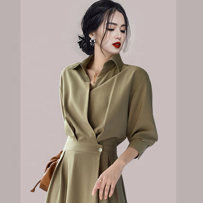 Thumbnail: French Style Elegant Retro Shirt Dress Long Sleeve Temperament Slim Collared