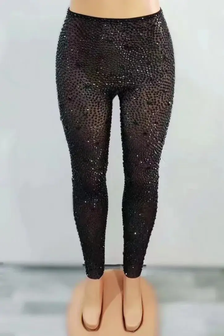 Thumbnail: Sparkly Silver Rhinestones Pants for Transparent Mesh Legging Singer Performance