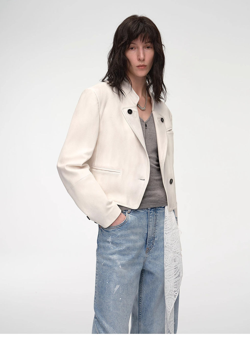 Thumbnail: Stand Collar Suit Sheepskin Leather Short Jacket "Roman Story"