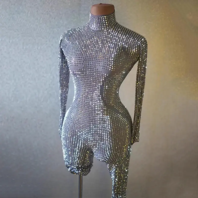 Miniatura: Green Rose Red Rhinestones Stretch Jumpsuit Bar Dj Ds Gogo Dancer Costume