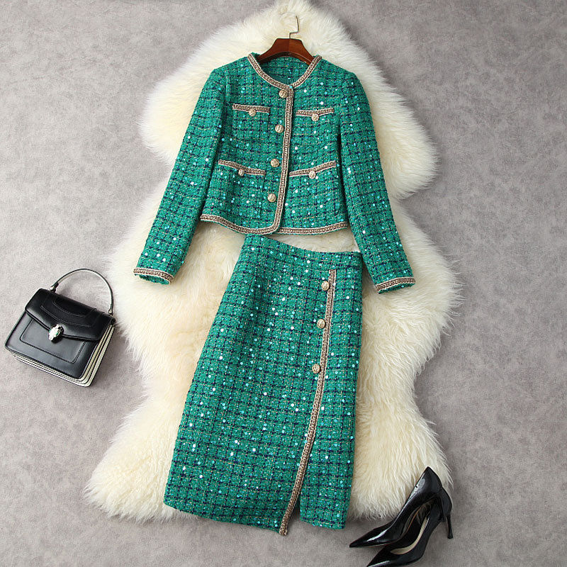 Miniatura: Elegant Green Set Suit Women Tweed Plaid Sequins Blazer High Waist Skirt Suit