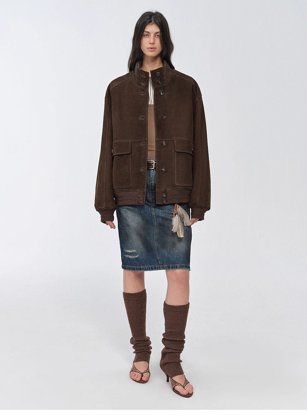 Miniatura: Vintage Suede Sheepskin Leather Ribbed Patchwork Jacket "Spring Whisper"