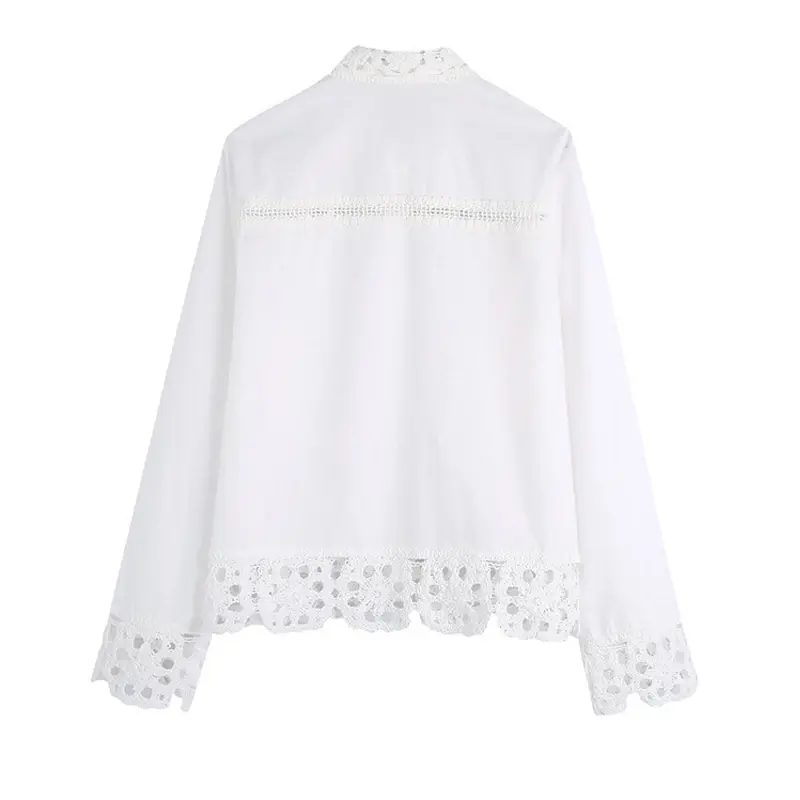 Thumbnail: Women Lace Patchwork Set Blouse and Shorts White Fashion Turn Down Collar Shirt