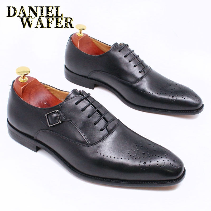 Thumbnail: Men Genuine Leather Oxford Shoes Brown Brogue Pointed Toe Men Formal Shoes