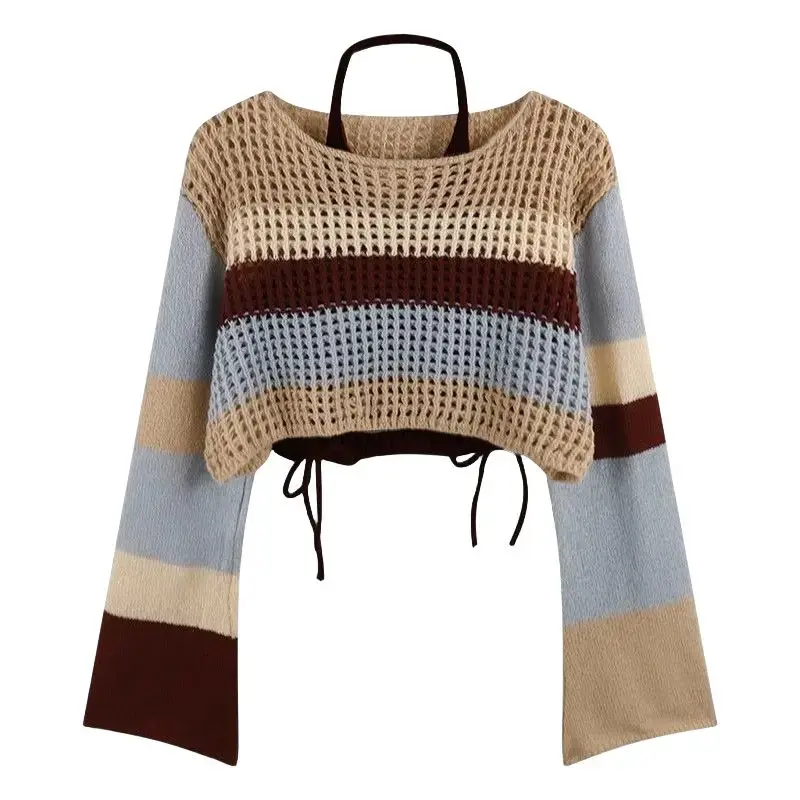 Miniatura: Women's Hollow Stripe Long Sleeved Knitwear+Strap+Cargo Pants Suit Sweater
