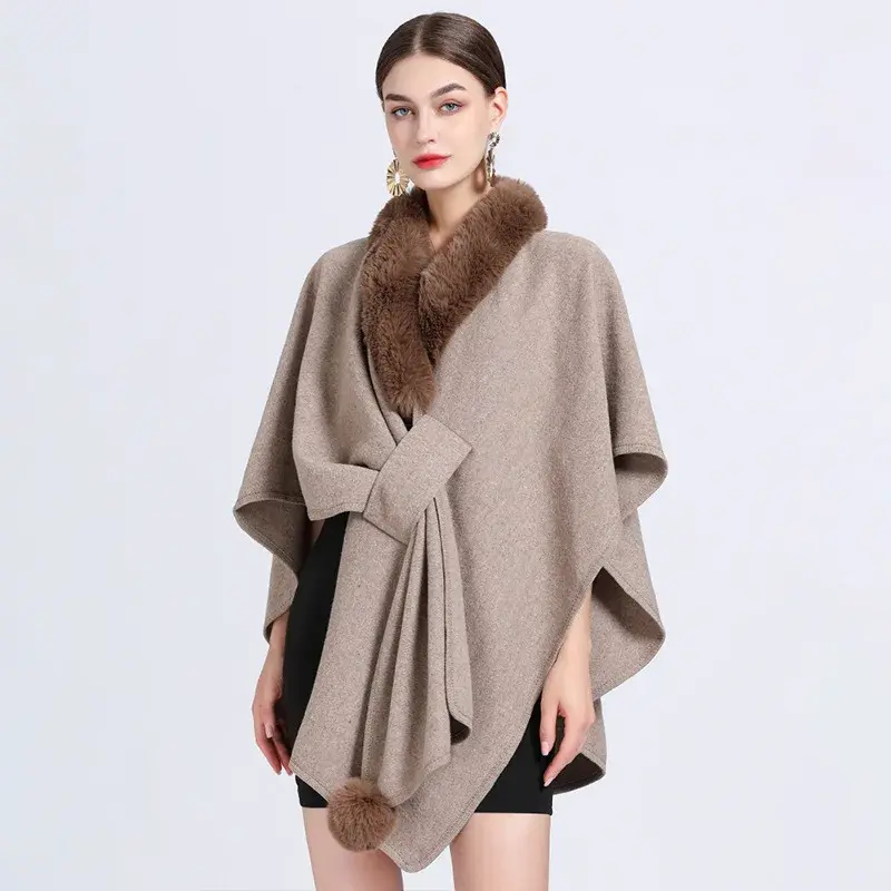 Thumbnail: Faux Fur Neck Poncho Women Criss-Cross Batwing Sleeves Woolen Warm Shawl Loose