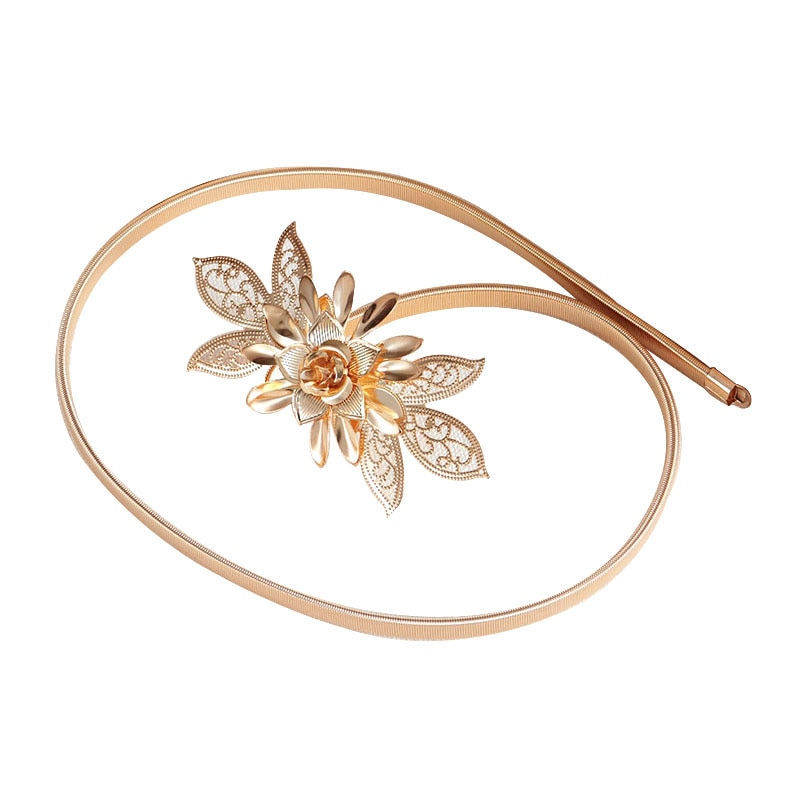Miniatura: Elastic Belts Women Girl Stretch Skinny Waist Belt Flower Leaf Shape Metal