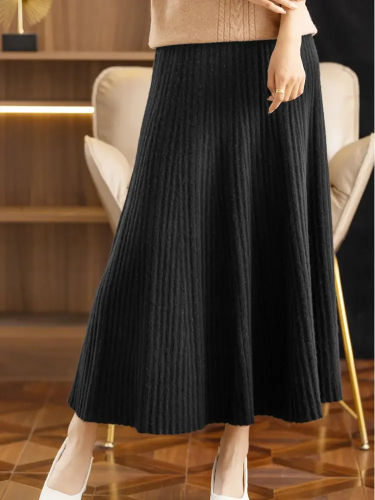 Thumbnail: Winter Wool Skirt Long Pleated Skirt 100% Merino Wool Knitwear Grace Soft