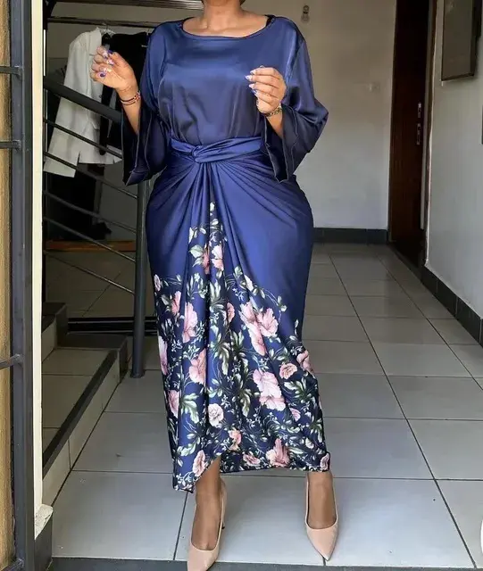 Miniatura: African Printed Two Piece Sets Skirt Womens O-Neck Loose Flare