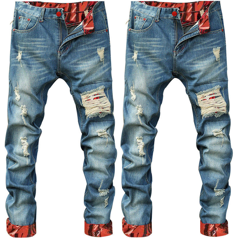 Miniatura: High Quality Designers Blue Denim Men Trouser Jean Patchwork Men's Ripped Jeans