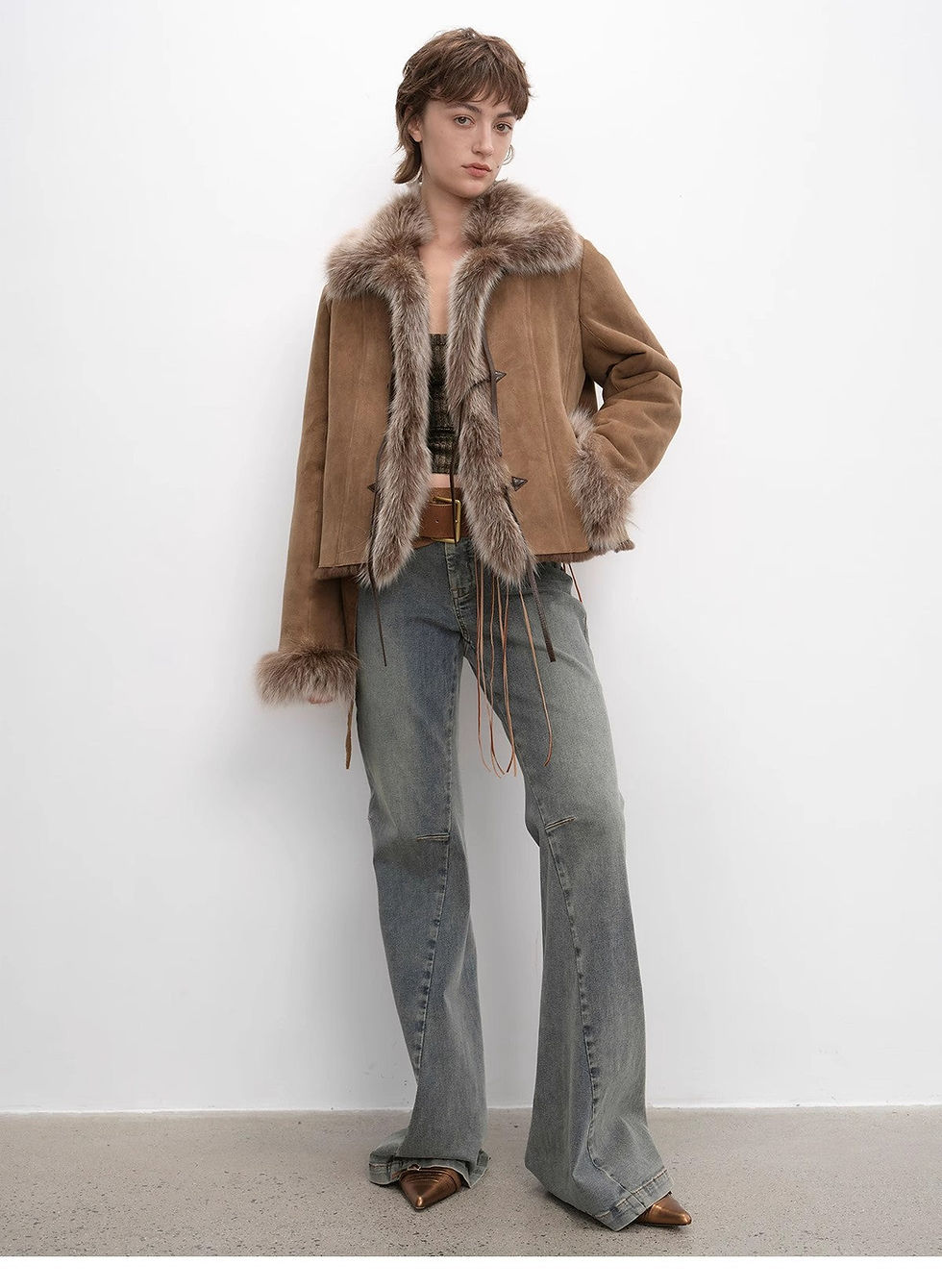 Miniatura: "Florence" Imported Merino Wool Sheepskin Patchwork Fox Fur Collar Winter