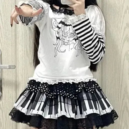 Miniatura: Black and White Polka Dot Lace Girls Skirt Subculture Cake Skirt Traf