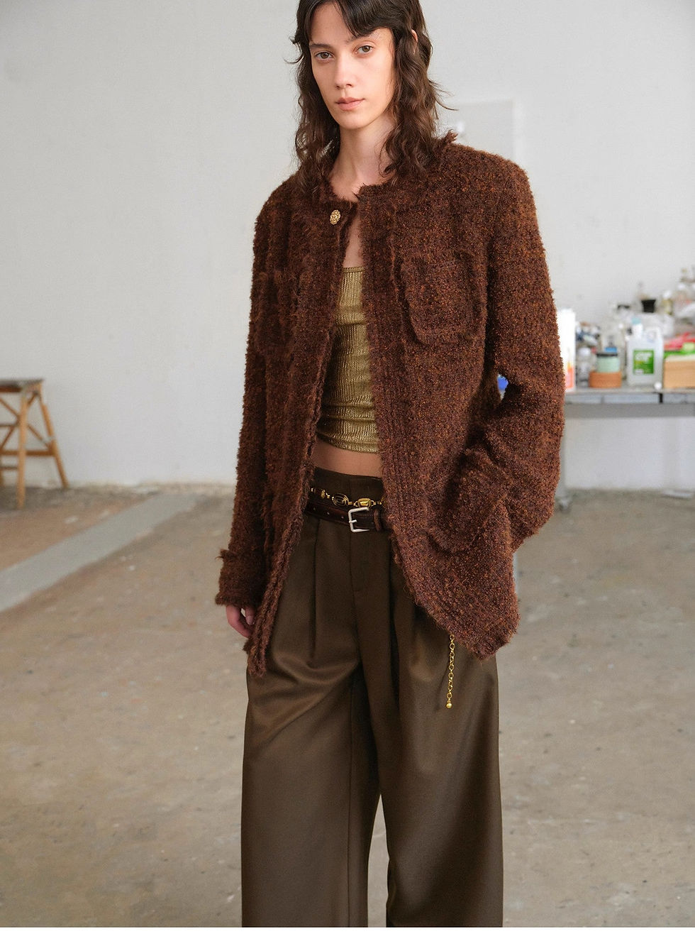 Thumbnail: Italian Imported Haute Couture Tailored Tweed Jacket With Gold Buttons for Women